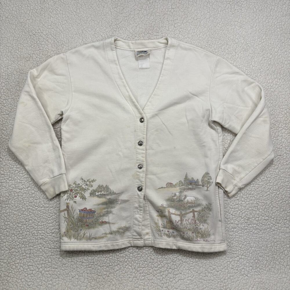 Northern Reflections Farm Scene Cardigan Sweater Orchard Sheep Button V-Neck